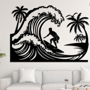 Surfer Wall Art Metal Sign, Tropical Wave Decor, Modern Beach House Art, Wave Scene Decor, Gift for beach, Tropical beach sign, Gift for dad