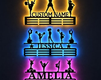 Personalized Cheerleading Medal Holder with LED Lights, Custom Name Cheerleader Medal Hanger, Cheer Awards Display