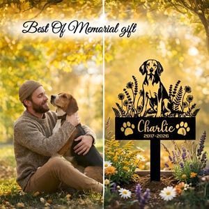 Può includere: Un paletto commemorativo per animali domestici in metallo nero con una silhouette di cane, il nome "Charlie" e gli anni 2017-2026. Le parole "Best Of Memorial gift" sono scritte in corsivo. L'immagine mostra una persona con un cane.
