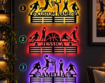 Personalized Basketball LED Medal Hanger, Custom Name Basketball Metal Wall Art, Light Up Medal Holder, Basketball Player Gift