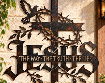Christian Cross Metal Wall Art, Jesus Faith Decor, Crown of Thorns Religious Sign, Rustic Living Room Wall Hanging