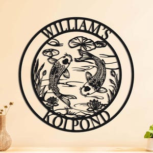 Personalized Koi Pond Sign Wall, Custom Name Metal Sign, Minimalistic Line Art Koi Fish, Last Name Established Metal Sign, Koi Fish Pond