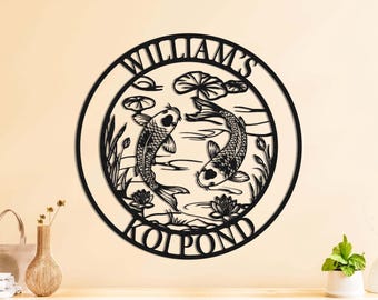Letrero de pared personalizado para estanque de carpas koi, letrero metálico con nombre personalizado, diseño minimalista de peces koi, letrero metálico con apellido establecido, estanque de peces koi