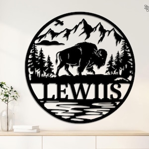 Parete in metallo personalizzata raffigurante un bisonte, cartello con scena di montagna personalizzato, cartello con fauna selvatica, regalo per papà, regalo con fauna selvatica di montagna, scena di montagna con bisonte