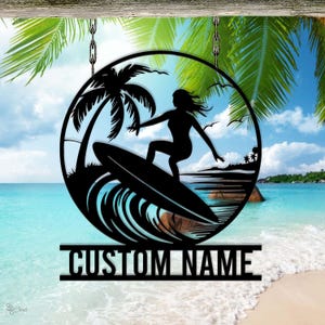 Custom Surfing Metal Sign, Personalized Surfer Girl Wall, Coastal Gift, Beach Lover Metal, Beach decor sign,Surf girl gift,Ocean lover decor