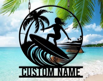 Letrero metálico de surf personalizado, letrero de pared personalizado de chica surfista, regalo costero, letrero de metal para amantes de la playa, letrero decorativo de playa, regalo para chica surfista, decoración para amantes del océano
