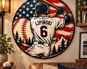 Custom Baseball Metal Wall Sign, Personalized Baseball Jersey Name and Number Decor, Patriotic Sports Wall Art, Baseball Dad Gift