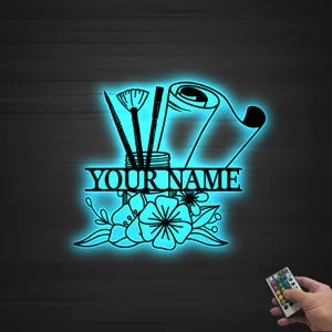 Letrero de metal con luz LED para pared con pintura, letrero de metal con herramientas para artistas, letrero de estudio de arte, letrero con nombre de artista personalizado, regalos para artistas, regalo para amantes del dibujo