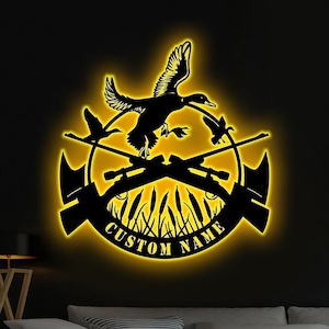 Custom Duck Hunting Metal Wall Art LED Lights Personalized Hunter Name Sign Home Decor Duck Cabin Decor Hunting Sign Xmas Gift birthday Gift