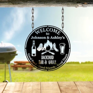 Customized Backyard BBQ Metal Sign Grill Metal Wall Decor Dad Gifts Barbecue Sign Outdoor Decor Backyard Sign Bar & Grill SIgn Gift for him