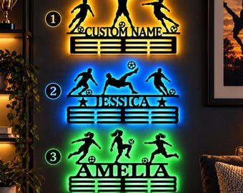 Personalized Soccer Medal Holder with LED Lights, Custom Name Soccer Player Wall Art, Light Up Medal Hanger, Soccer Gift for Boys