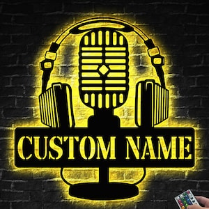 Personalized Audio Studio Metal Wall Art LED Light, Microphone Headphones Metal Sign, Recording Studio Sign, Music Artist Gift, Audio Studio
