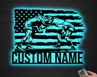 Custom US Flag Wrestling Metal Wall Art Led Light, Wrestler Name Sign, Wrestling Gift, Xmas Birthday Gift for Dad, Wrestling Sign Home Decor