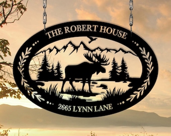 Custom Moose Metal Sign, Personalized Cabin Address Wall, Moose welcome sign, Cabin address sign,Mountain cabin decor,Gift for dad,Home Sign