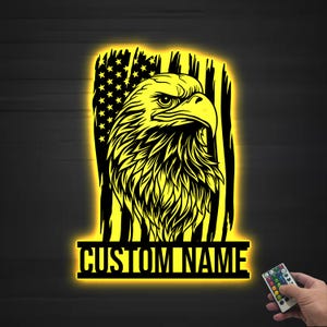 Custom American Eagle Metal Wall Art LED Light Personalized US Flag Eagle Name Sign Home Decor Eagle Decoration Housewarming Birthday Gift