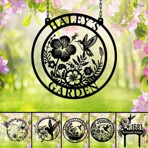 Custom Garden Metal Sign, Personalized Flower Hummingbird Yard Decor, Floral Yard Art, Gift for mom, Hummingbird Garden Sign, Gift for mom