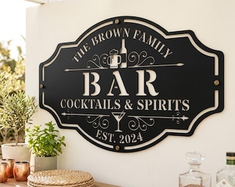 Custom Home Bar Sign, Personalized Family Name Wall Plaque, Metal Pub Decor, Basement Bar Gift