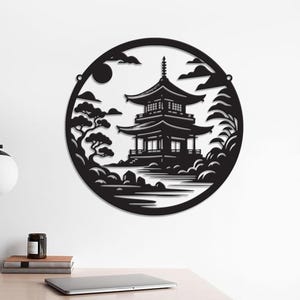 Japanese Temple Art Bonsai Tree Metal Wall Art Japanese Theme Wall Sign, Gift for Son, Bedroom Wall Art, Japanese Temple Metal Wall Decor