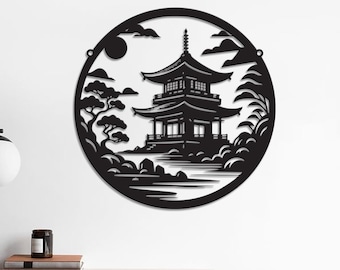 Japanese Temple Art Bonsai Tree Metal Wall Art Japanese Theme Wall Sign, Gift for Son, Bedroom Wall Art, Japanese Temple Metal Wall Decor