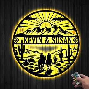 Benutzerdefinierte Western Paar LED Metallschild, personalisierte Cowboy & Cowgirl Wandleuchte, Geschenk für Paar, Reiter mit Namen, Geschenk für Pferdeliebhaber
