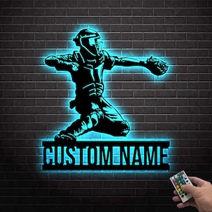 Luz LED de pared de metal con diseño de béisbol personalizado, decoración de pared de béisbol de metal, regalo de jugador de béisbol, letrero con nombre de jugador de béisbol personalizado, decoración del hogar