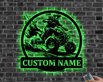 Custom ATV Rider Metal Wall Art LED Light, Personalized Quad Biker Name Sign Decoration For Room, Quad Bike Metal Sign Home Decor, Xmas Gift
