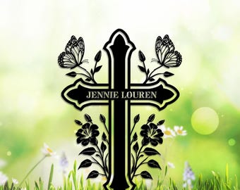 Custom Butterfly Memorial Metal Cross Stake, Grave Marker, Sympathy Gift, Remembrance Gift,  Garden Stake, Memorial Gift,Garden Decor