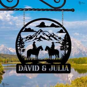 Personalized Cowboy Couple Metal Sign, Western Horse Wall, Gift for couple,Custom Ranch Name Gift,Horseback Couple Name Sign,Horseback lover