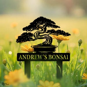 Cutsom Bonsai Tree Garden Sign with Stake, Bonsai Garden Metal Stake, Personalized Garden Stake, Metal Asian Yard Art, Yard Sign, Yard Decor