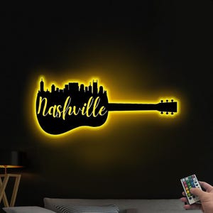 Nashville Skyline Music City Guitar Metal Sign with Led Light, Nashville Metal Wall Art, Nashville Skyline Art Music Studio Decor, Xmas Gift