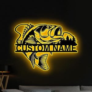 Personalized Walleye Bass Fish Metal Wall Art Led Light, Fishing Gift for Men Christmas Gift,Fisher Name Sign Cabin Decor, Bass Fishing Sign