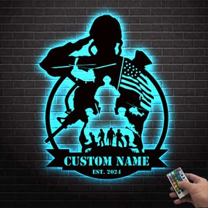 Personalized US Soldier Military Metal Wall Art LED Lights Custom American Army Name Sign Home Decor Veteran Patriotic Decoration Xmas gifts