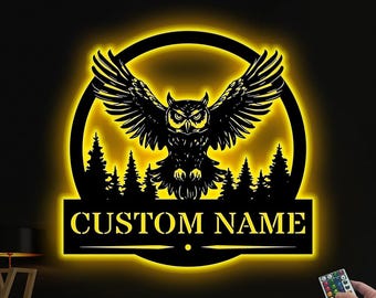Aangepaste metalen bord uil ledverlichting, gepersonaliseerde metalen muur uil kunst aan de muur, teken uil monogram, woondecoratie, natuur wandkleden, verjaardagscadeau, kerstcadeau