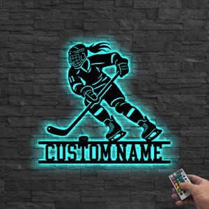 Art mural en métal personnalisé hockey lumière LED, enseigne en métal de hockey, art mural en métal bâton de hockey, nom de joueur de hockey, signe de hockey cadeau pour elle