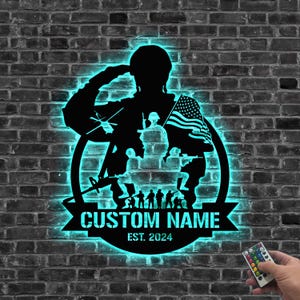 Personalized US Soldier Military Metal Wall Art LED Lights Custom American Army Name Sign Home Decor Veteran Patriotic Decoration Xmas gifts