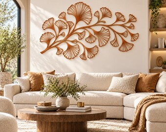 Large Ginkgo Metal Wall Art, Elegant Fan Shaped Leaf Branch Decor, Rustic Copper Botanical Wall Hanging, Modern Farmhouse