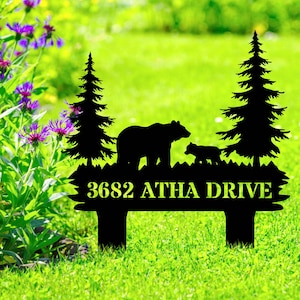 Personalized Metal Bear Cabin Sign, Bears In Woods Address Sign, Custom Family Name Sign Bear Metal Sign, Bear Decor, Gift for Dad Yard Sign