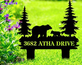 Personalized Metal Bear Cabin Sign, Bears In Woods Address Sign, Custom Family Name Sign Bear Metal Sign, Bear Decor, Gift for Dad Yard Sign