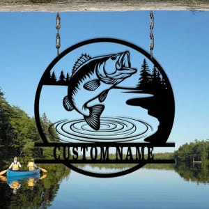 Custom Fishing Metal Sign, Personalized Lake House Decor, Bass Fish Wall Art, Fishing Cabin Name, Hunter Gift, Gift for dad, Bass fish gift