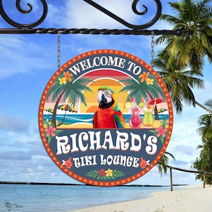 Custom Tiki Lounge Sign, Personalized Tropical Bar Decor, Gift for beach, Tropical bar sign, Parrot bar sign, Beach party sign,Tiki Bar Sign