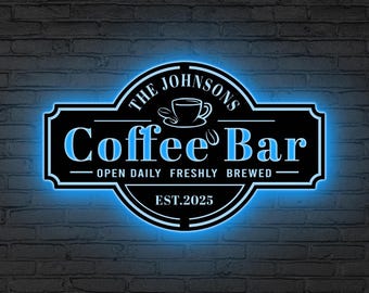 Letrero de cafetería personalizado para cocina, luces LED, decoración de café personalizada, arte de pared de metal para cafetería, regalo para amantes del café, letrero de cafetería