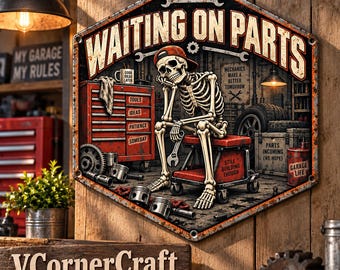 Mechanic Skeleton Wall Art, Rustic Round Metal Sign With Tools, Tire, Oil Can And Workshop Scene For Dad Gift