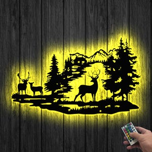 Cartello in metallo con cervo personalizzato con luce a LED, cartello in metallo con famiglia di cervi, decorazione da parete in metallo con cervo di montagna e foresta, regalo per gli amanti della fauna selvatica, regalo per papà