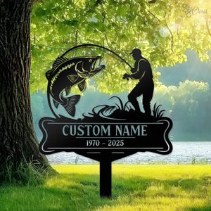 May include: Black metal yard sign with a silhouette of a fisherman casting a line and a fish jumping out of the water. The sign also includes the text "CUSTOM NAME 1970 - 2025".