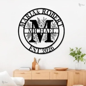 Art mural en métal avec nom de famille personnalisé, monogramme personnalisé avec date d'établissement, signe initial personnalisé