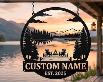 Personalized Mountain Lake Sign, Custom Cabin Wall Art, Hanging Metal Outdoor Decor, Gift for Lake House