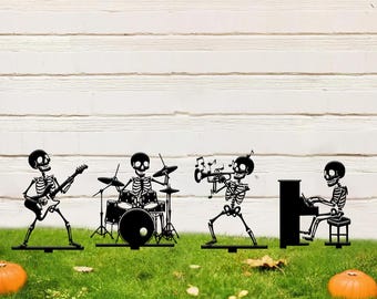 Halloween Skeleton Band Yard Stakes, Spooky Musician Skeleton Lawn Signs , Halloween Sign, Halloween Yard Signs, Metal Halloween Decor