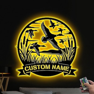 Custom Duck Hunting Metal Wall Art LED Light Personalized Hunter Name Sign Home Decor Duck Cabin Decor Hunting Sign Xmas Gift birthday Gift
