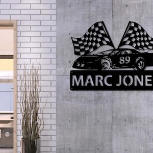 Custom Race Car Name Metal Sign, Wall Art with Checkered Flag,Racing Decor with Car, Race car sign, Racing wall art, Gift for dad, Home sign