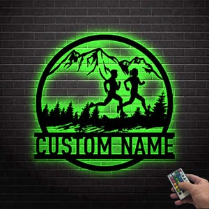 Custom Couple Trail Running Metal Wall Art LED Lights  Personalized Runner Name Sign Home Decor Marathon Decoration Birthday Xmas Gift